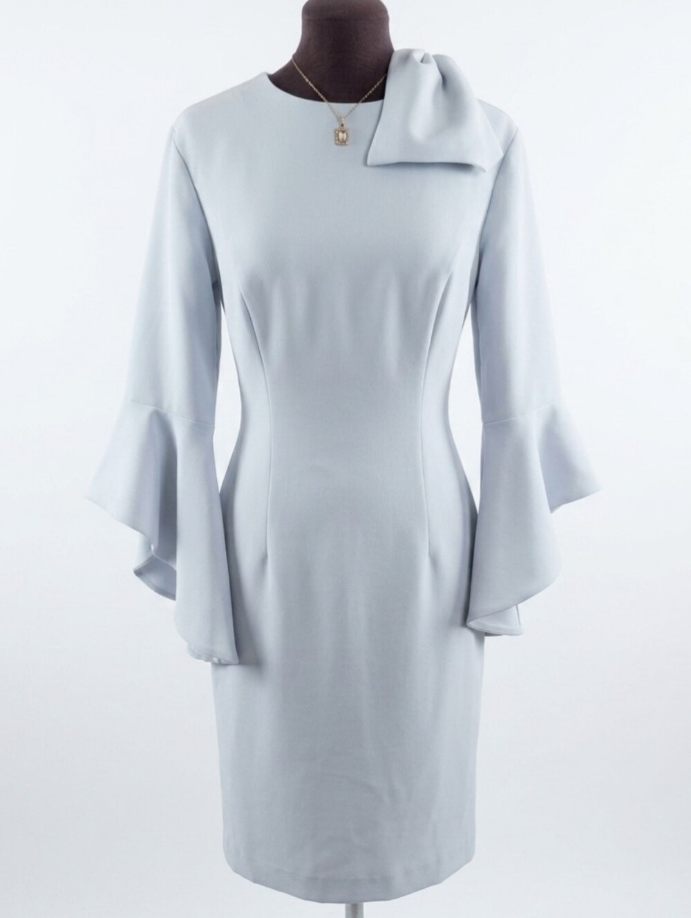 New Elegant Grey Bell-Sleeve Sheath Dress